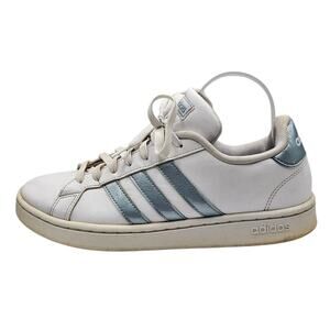 Adidas White & Metallic Blue Grand Court Low Top Casual Sneaker